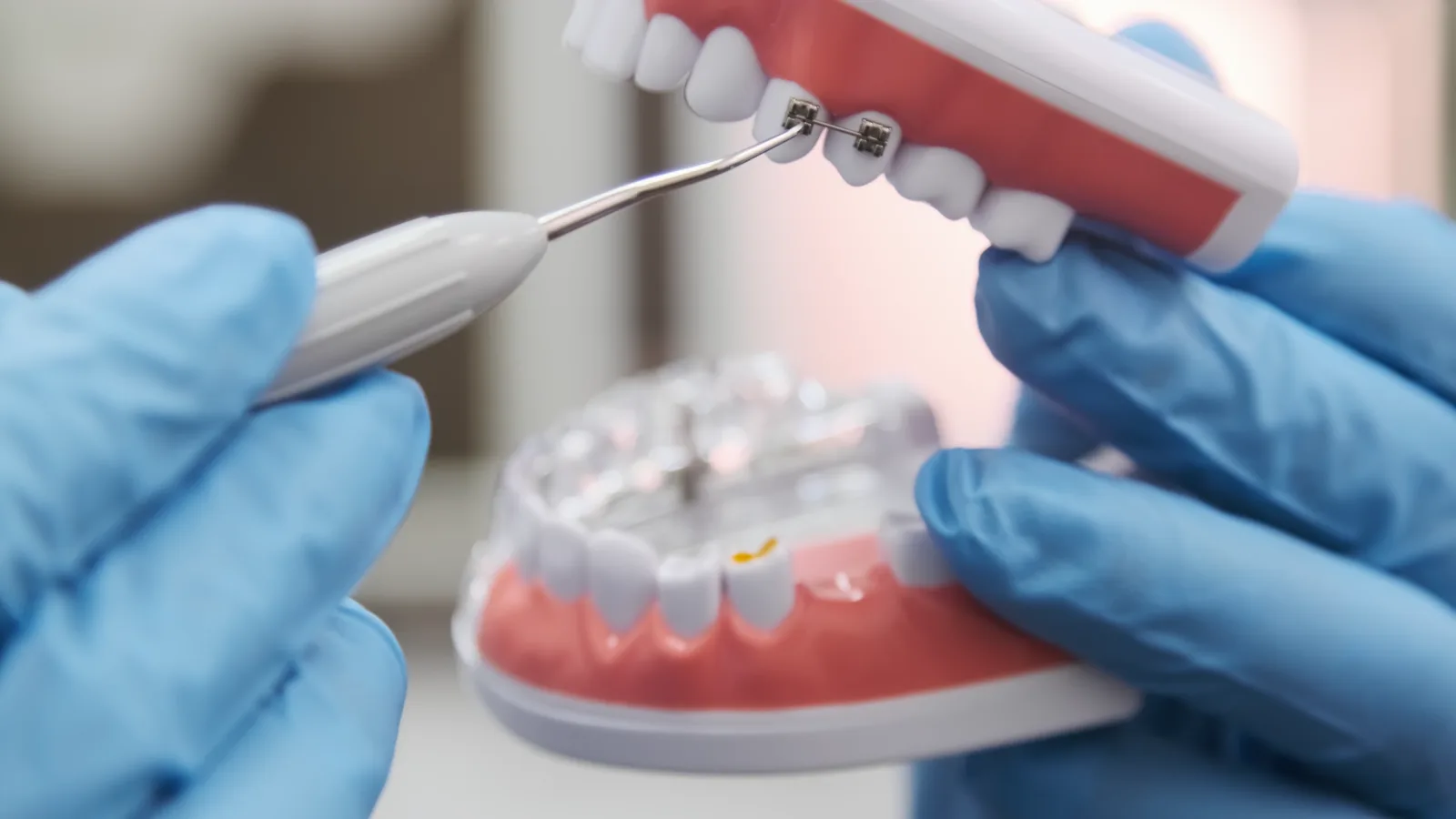 Close-up of gloved hands demonstrating dental instruments on a teeth model